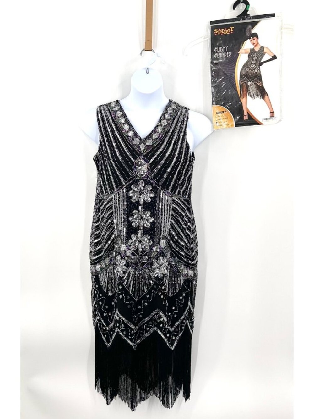 STUNNING BEADED SEQUIN SPIRIT HALLOWEEN 1920'S FLAPPER DRESS COSTUME - L